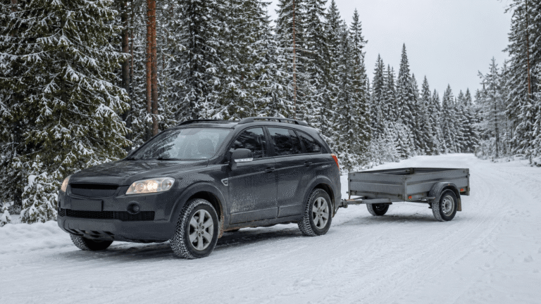 SUV with a small utility trailer attached parked on a snow-covered road in a pine forest.