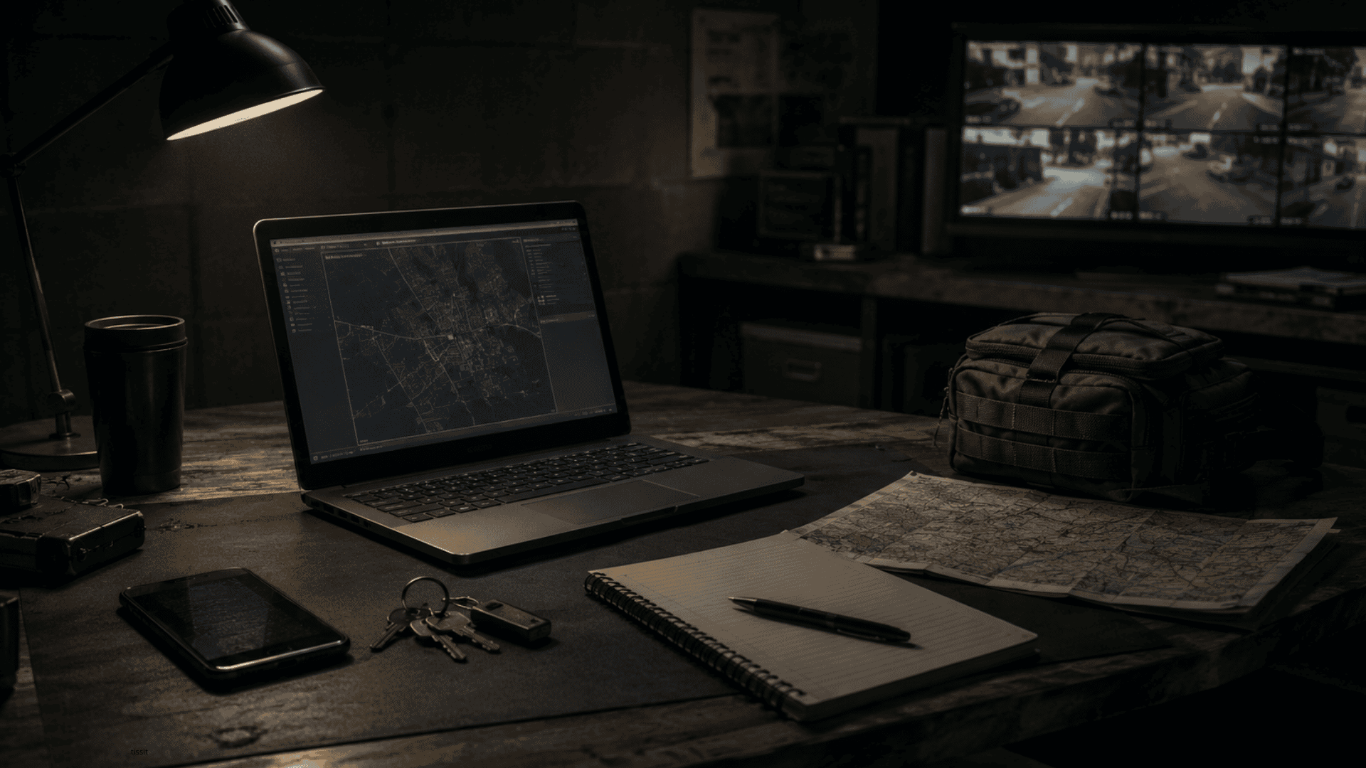 Nighttime desk setup with a laptop displaying a city map, a notebook and pen, keys, a phone, and a camera bag, with a wall of security monitors in the background.